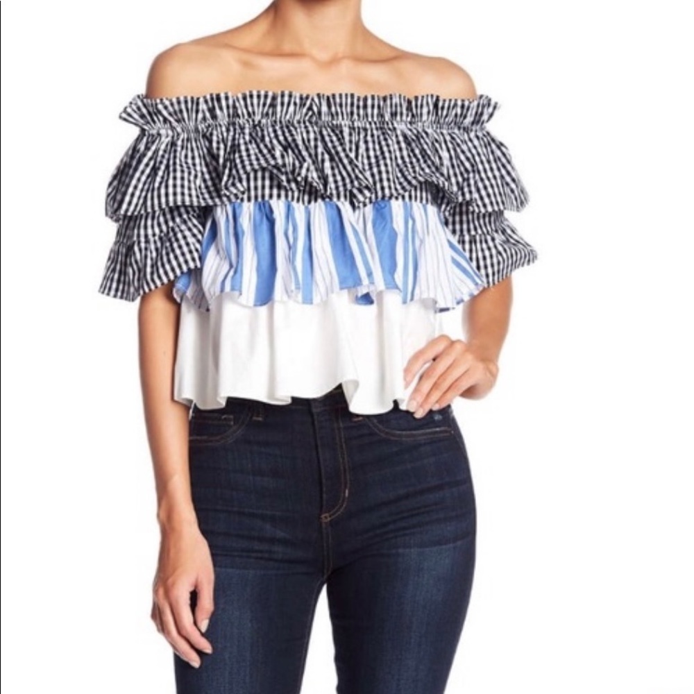 Layered Ruffle Off the Shoulder Gingham Mixed Pattern Top Size Small - Picture 2 of 4